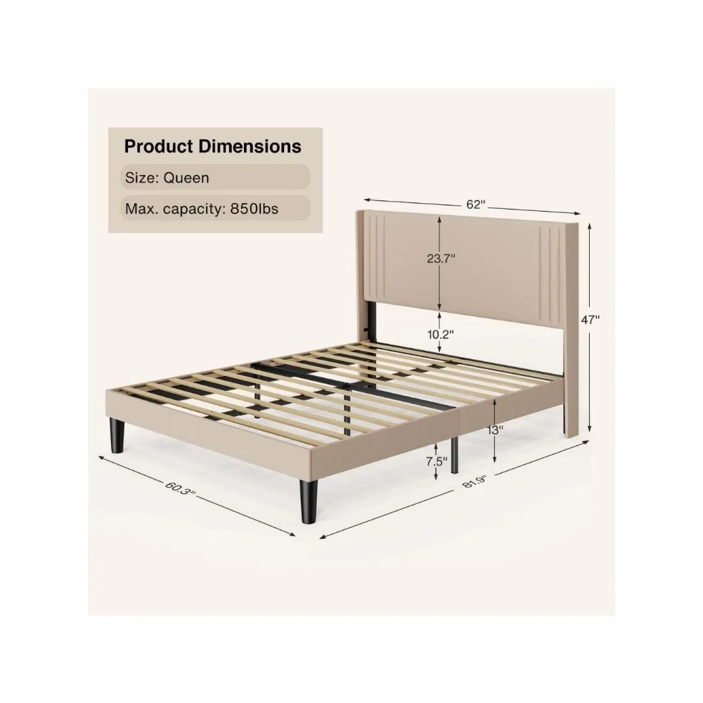 Upholstered Platform Bed With Modern Geometric Headboard No Box Spring Needed Noise-Free Bed Bases & Frames Wooden Slats Frame