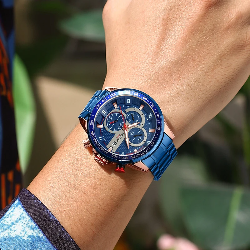 NIBOSI jam tangan kuarsa biru untuk pria, arloji mewah merek terbaik baja tahan karat tahan air olahraga Chronograph mode baru