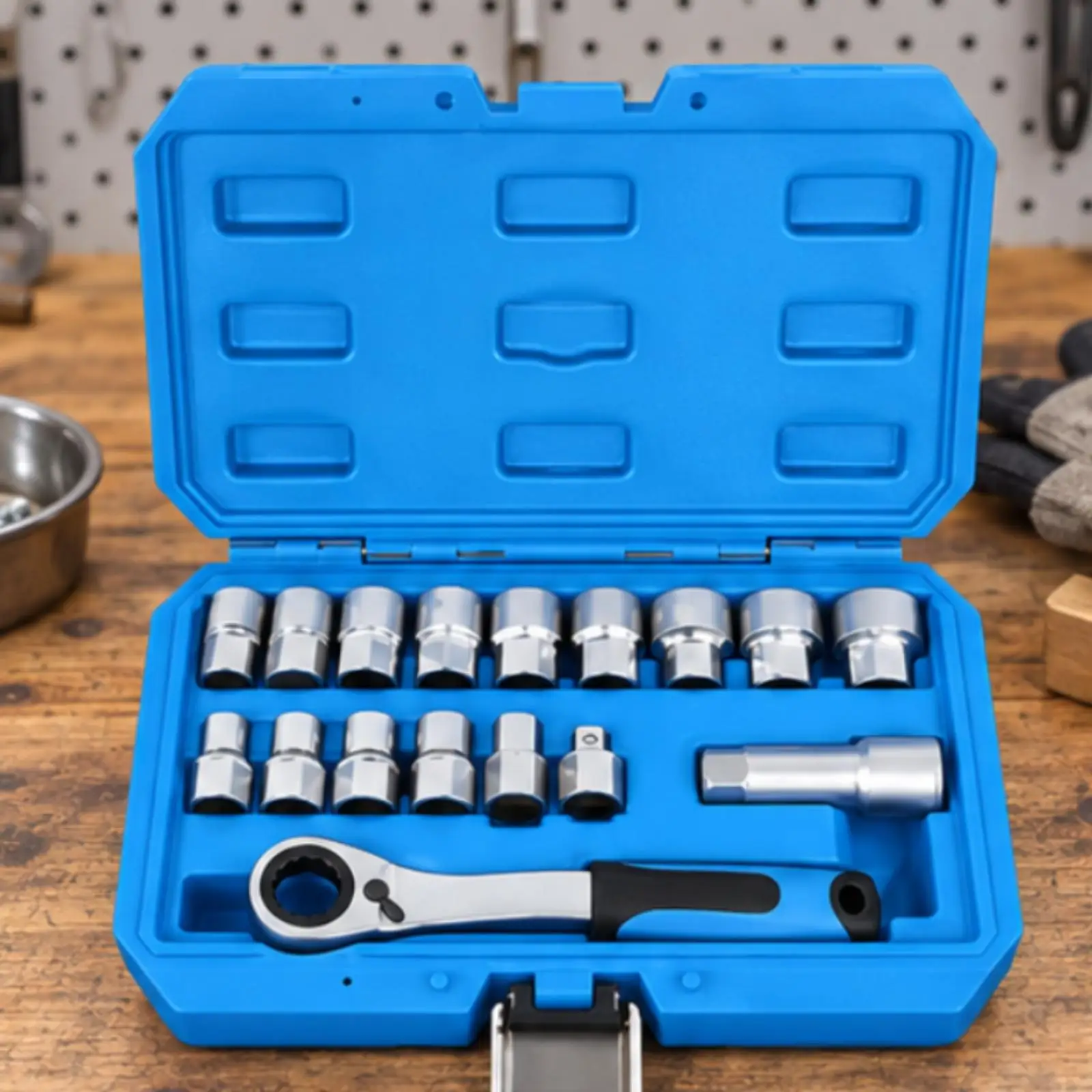 Ratchet Wrench Complete Kit with Molded Storage Box and Metal Clasp for Car Tool Collection