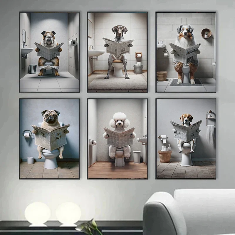 Dogs Reading Newspapers on The Toilet Posters Rottweiler Doberman Poodle Canvas Painting Bathroom Wall Art Picture Home Decor