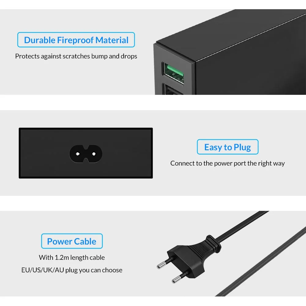 ORICO 6 Ports QC2.0 USB Fast Charger USB Desktop Charger 40W Max Charging Station for iPhone Samsung Xiaomi Cell Phone Tablet