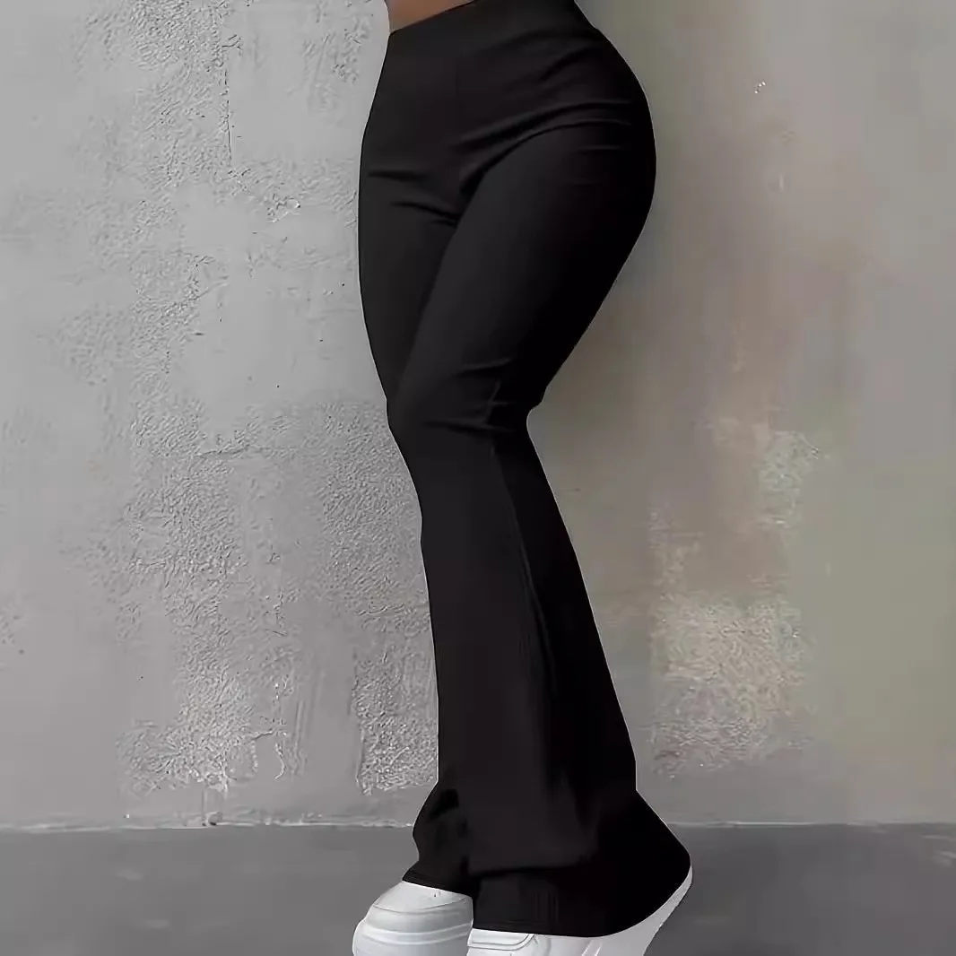 Casual High Waist Pants with Slight Flare Full Length Slight Stretch Regular Thickness Ribbed Japanese Korean Casual Women Pants