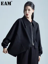 [EAM] Loose Fit Black Zipper Big Size Casual Jacket New Lapel Long Sleeve Women Coat Fashion Tide Spring Autumn 2024 1DH1989