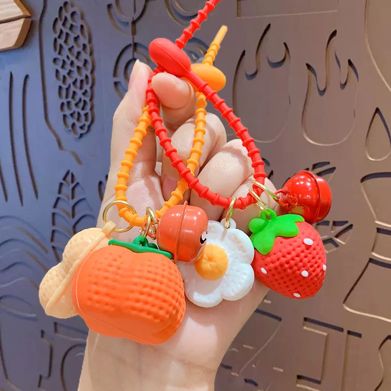 Creative Strawberries Peanut Persimmon PVC Keychain Cartoon Lucky Fruit Pendant Keyfob Cute Bell Key Ring for Women Bag Ornament