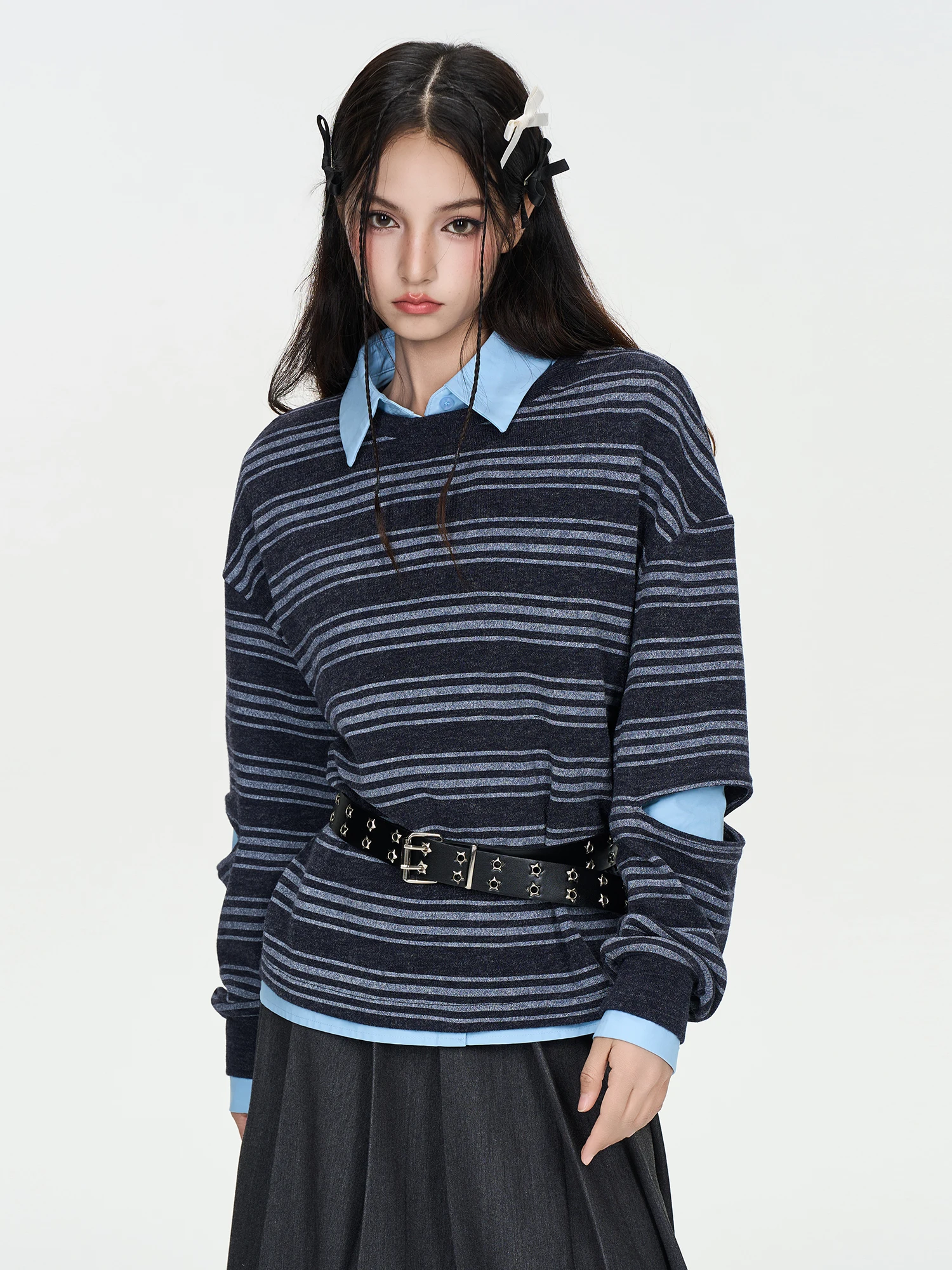 

IUNAE LUMEN 2025 Autumn Winter College Style Striped Knitwear Women's Long Sleeve Commute Versatile Sweater Warm Cozy Length