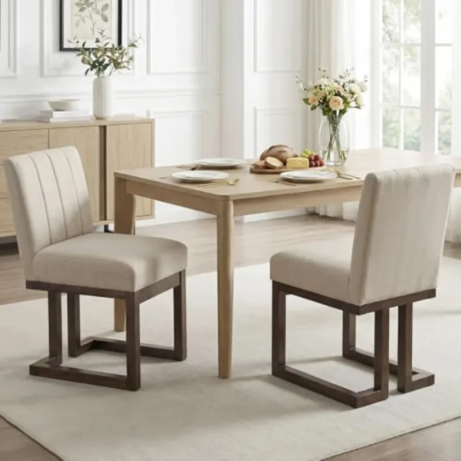 Wooden Dining Chairs Set of 2 for Kitchen, Solid Wood Frame with Fabric Upholstery, Natural Wood Tone and Cream Fabric, Comfort
