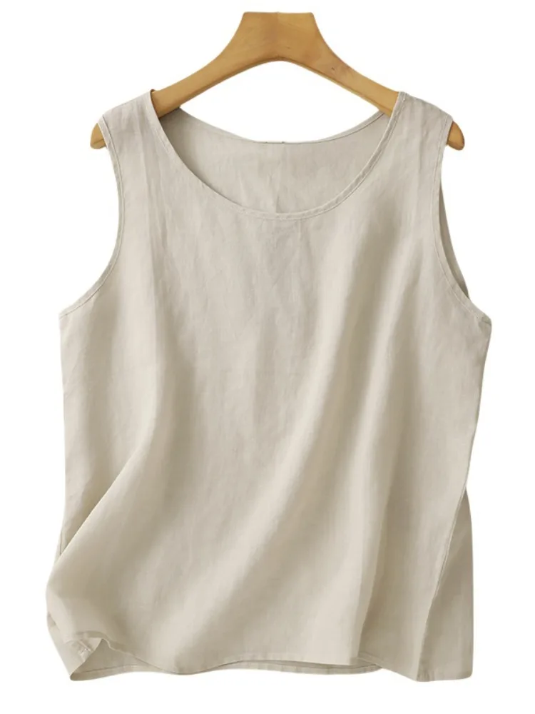 Damska letnia bluzka na ramiączkach z lnu i bawełny, wyszczuplająca, gładka, cienka, luźna, wkładana przez głowę, bazowa, lniana odzież wierzchnia.