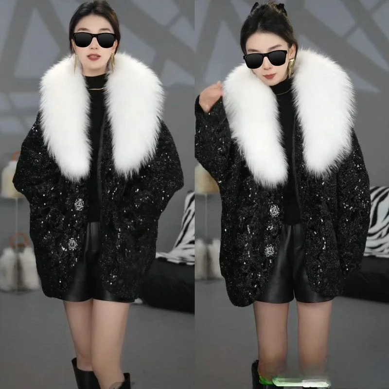 

Faionable Thiened Long Sve Women's Cotton Jaet with Fur Collar Sparkling Sequins Commute Sle Korean Loose Fit Coat