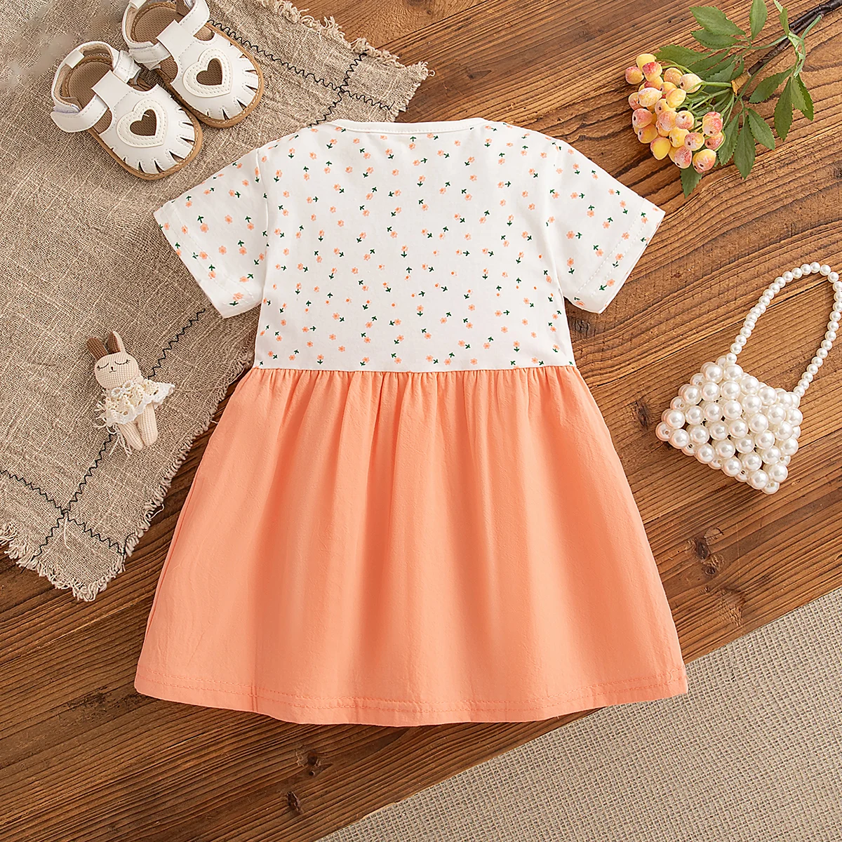 Baby Girl Dress Summer Floral and Bunny Pattern Fake Two Piece Girl Kid's Dress Cute Casual Baby Girls' Princess Dresses