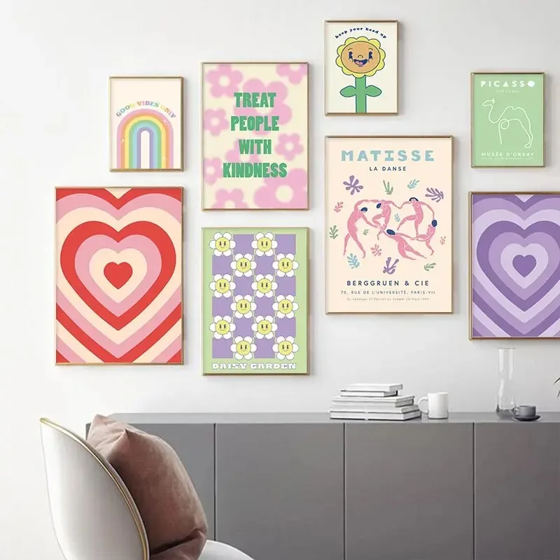 Danish Pastel Aesthetic Colorful Rainbow Purple Green Heart Butterfly Flower Art Print Canvas Painting Posters for Home Decor