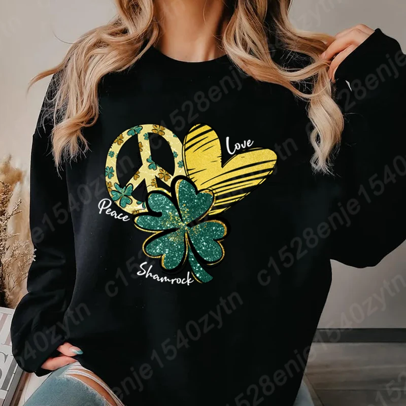 

New Fashion Women's Long Sleeve Hoodless Pullovers St Patrick's Day Peace Love Shamrock Print Round Neck Sweatshirts Ladies Tops