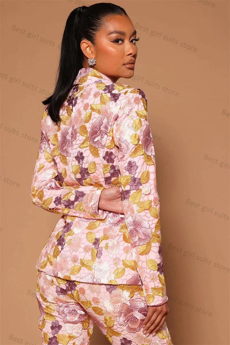 Setelan pakaian wanita, merah muda Jacquard wanita Set 2 buah Blazer + celana bunga tuksedo pernikahan Formal jaket kantor wanita mantel gaun Prom dibuat khusus