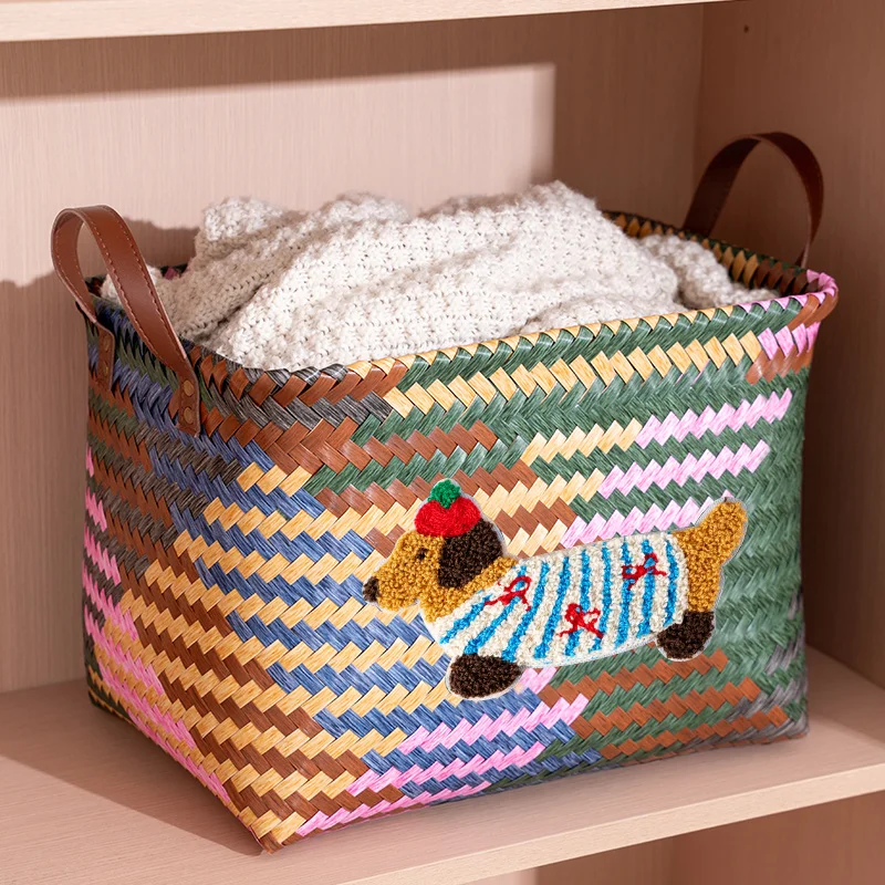 

Cartoon Dog Woven Storage Box Living Room Desktop Cosmetic Snack Book Miscellaneous Items Storage Basket Dirty Laundry Basket