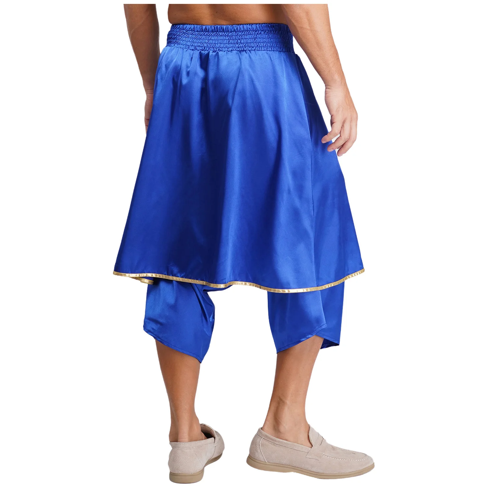 Męskie arabskie spodnie haremki w stylu hippie z nieregularnymi nakładkami, metalicznym wykończeniem, szerokim elastycznym pasem, luźne spodnie typu latarnia, satynowe spodnie dhoti w stylu indyjskim.