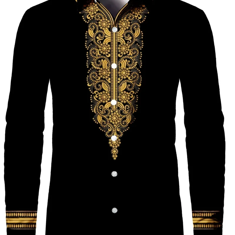 African Ethnic Style Golden Embossed Pattern Long Sleeve Shirts For Men Fashion Luxury Formal Casual Tops Evening Party Wear Blo