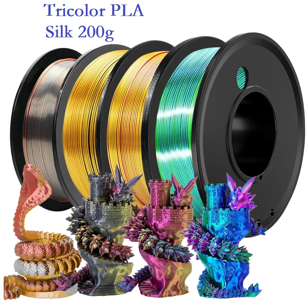 Filamen Sutra PLA Tricolor 200g 1.75mm Akurasi Dimensi +/- 0.05mm Filamen Printer 3D FDM Multicolor PLA Merah Biru Hijau