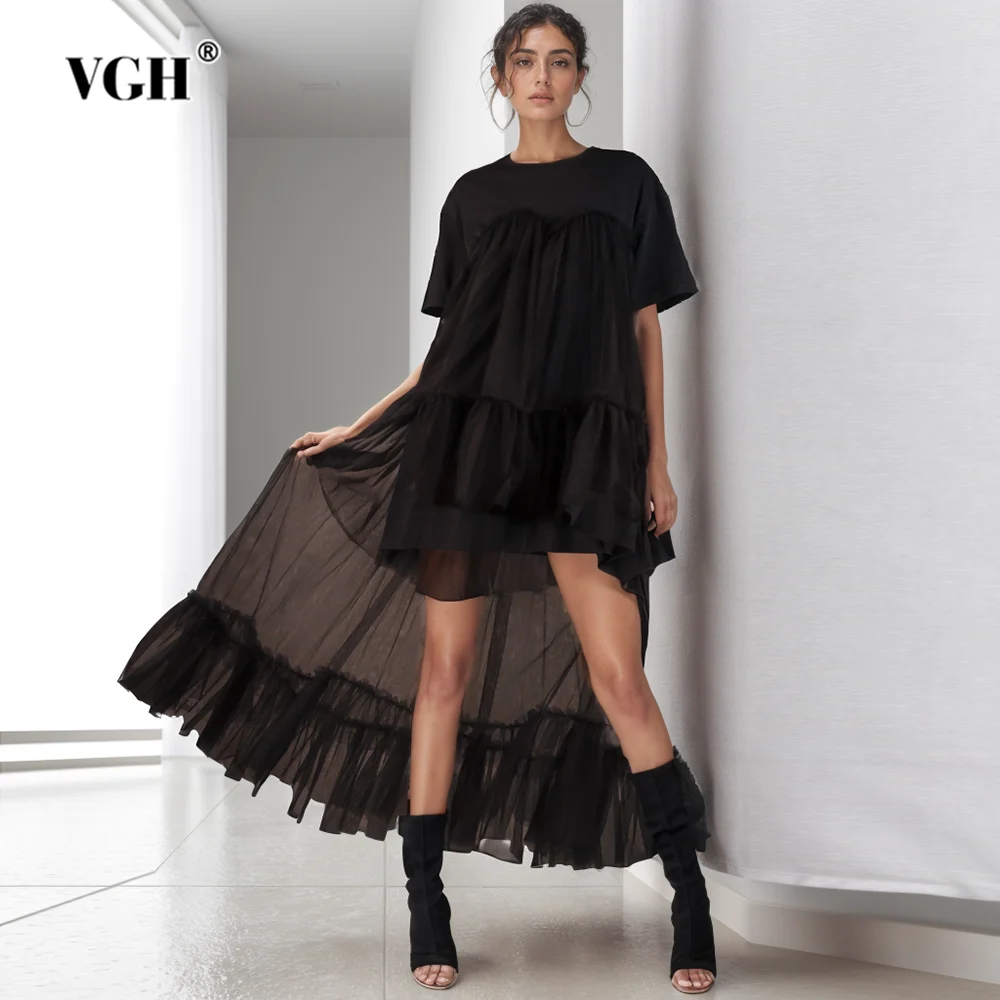 

VGH Minimalist Patchwork Mesh Dresses For Women Rounf Neck Short Sleeve High Waist Pullover Soild Dress Female Fashion Clothing
