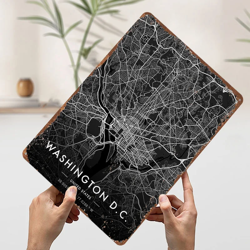 خريطة مدينة واشنطن ملصق معدني داكن علامات القصدير لتزيين غرفة النوم علامة معدنية مخصصة للألعاب لتزيين جدران الفن ديكور المنزل