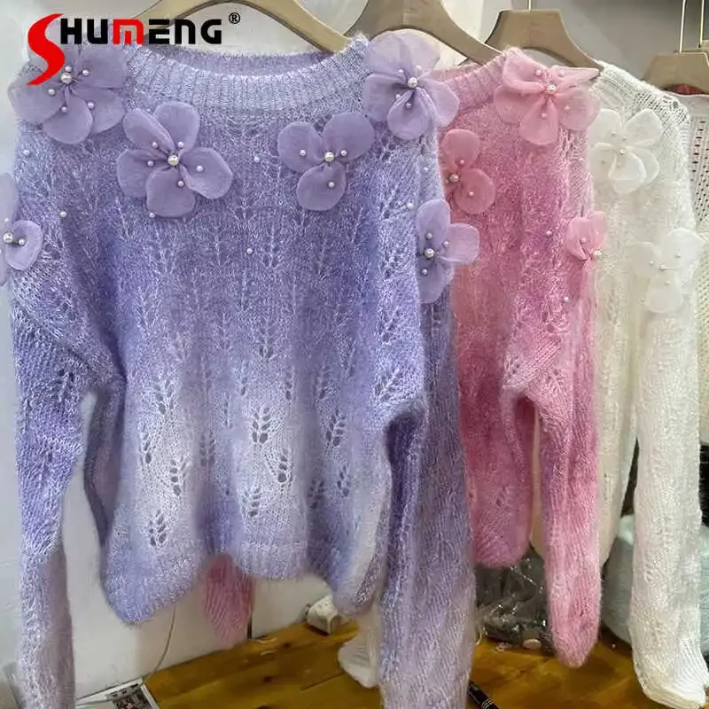 

Women's 2024 Autumn Winter New Chic Knitwear Long-sleeve Knitted Sweater Tops Feminine Sweet Solid Color Pullover Flower Sweater