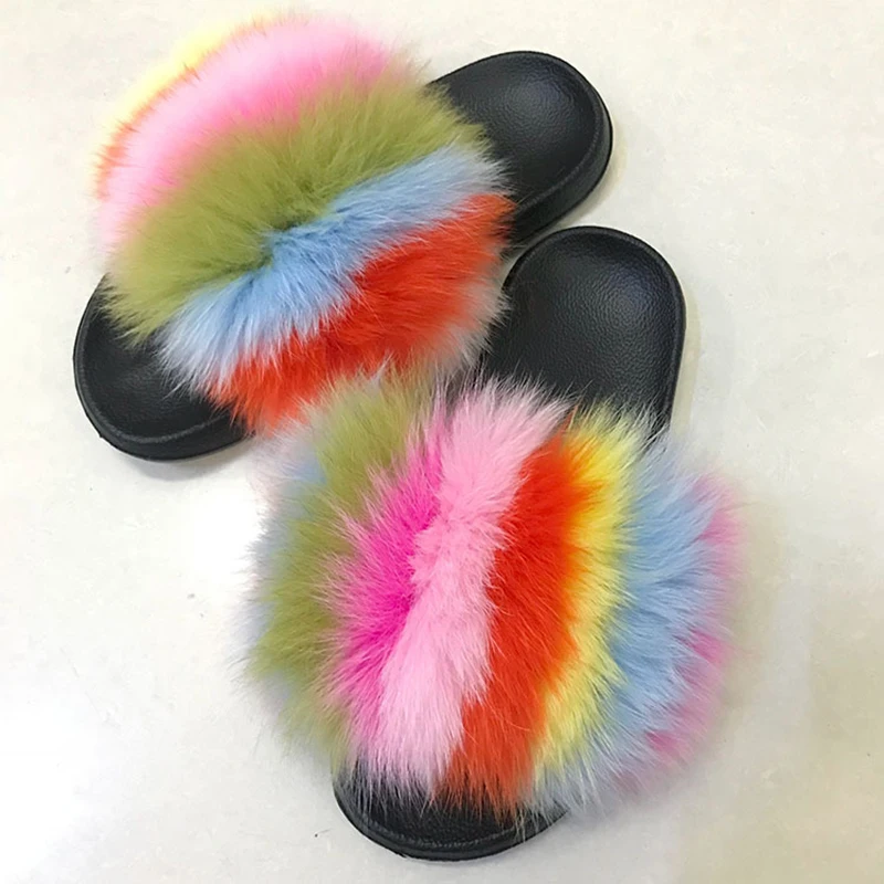 2022 Summer Fur Slides Real Fox Fur Slippers Colorful Outdoor Dress Shoes for Women Custom Party Shoes Luxury Fluffy Sandals