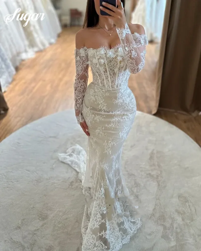 

Mermaid Lace Wedding Dresses Off Shoulder Boat Neck Long Sleeves Bridal Dress Boho Wedding Gown Robe De Mairee ﻿Customized