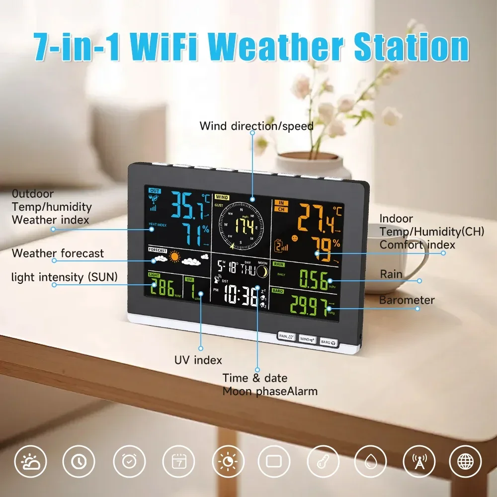 Termómetro Digital colorido 7 en 1 para uso doméstico, estación meteorológica exterior, instrumentos de temperatura, Monitor de humedad, higrómetro