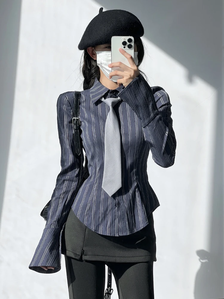 

Slim Fit Striped Texture Waist-Cinching irt Women's Top Light Maturi College Sle Embroidery Long Sve Ne irt