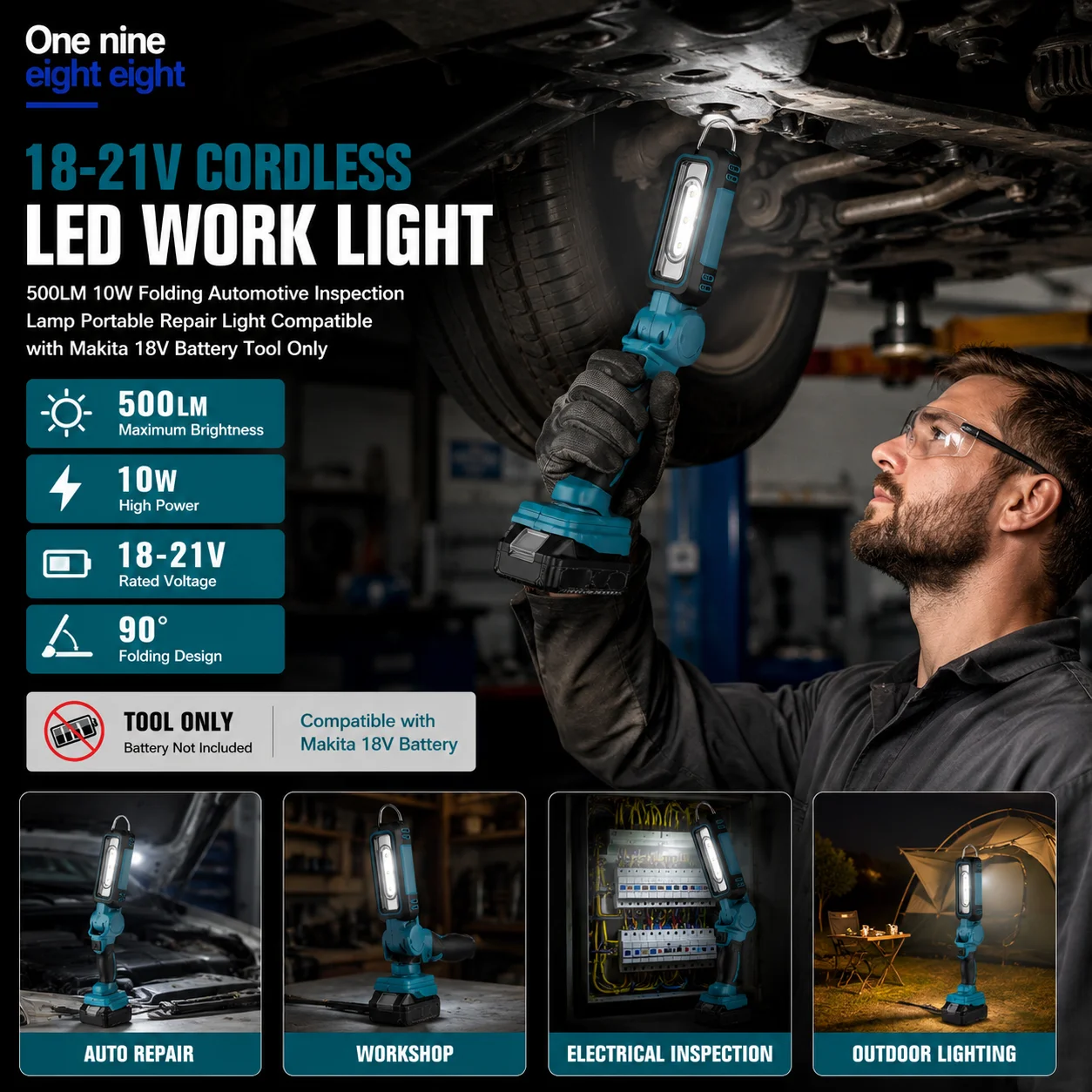 Cordless LED Work Light 18-21V 500LM 10W Folding Car Repair Inspection Lamp Portable Workshop Light for Makita 18V Battery Bare