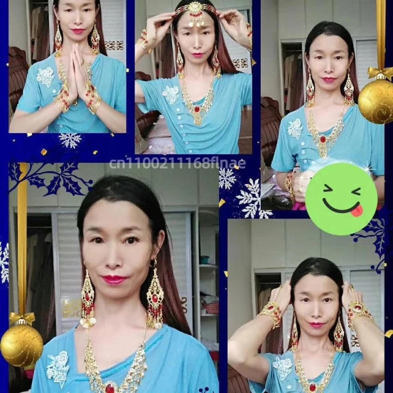 6-delige set rode strass kwastje hoofddeksels oorbellen ketting armband Indiase stijl sieradenset voor dames en kinderen