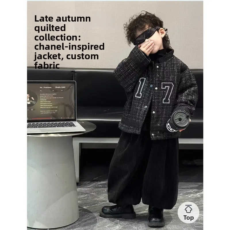 

Boy Handsome Suit Autumn and Winter New Boy Xiaoxiangfeng Padded Cotton Warm Jacket Fashionable Velvet Trousers Two-piece Set