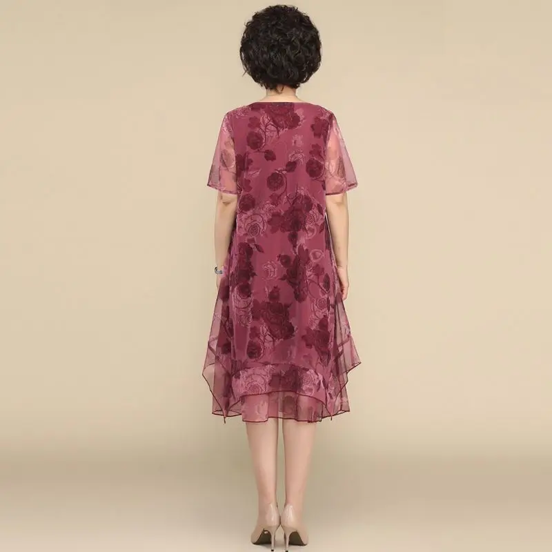 Vestidos de manga corta con cuello redondo para mujer, ropa Vintage con estampado Floral de gasa empalmada, vestido Midi holgado Irregular elegante para verano, 2023