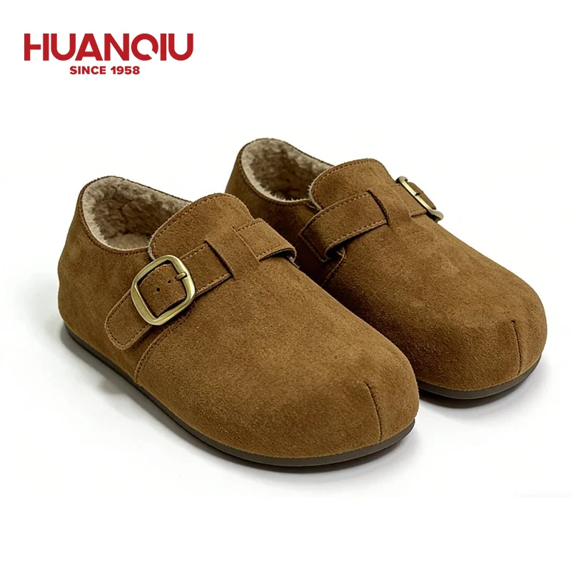 

HuanQiu Women Fur Suede Shoes With Adjustable Buckle Cork Leather Mules Comfortable Slip on Women Slippers Outdoor Nonslip Shoes