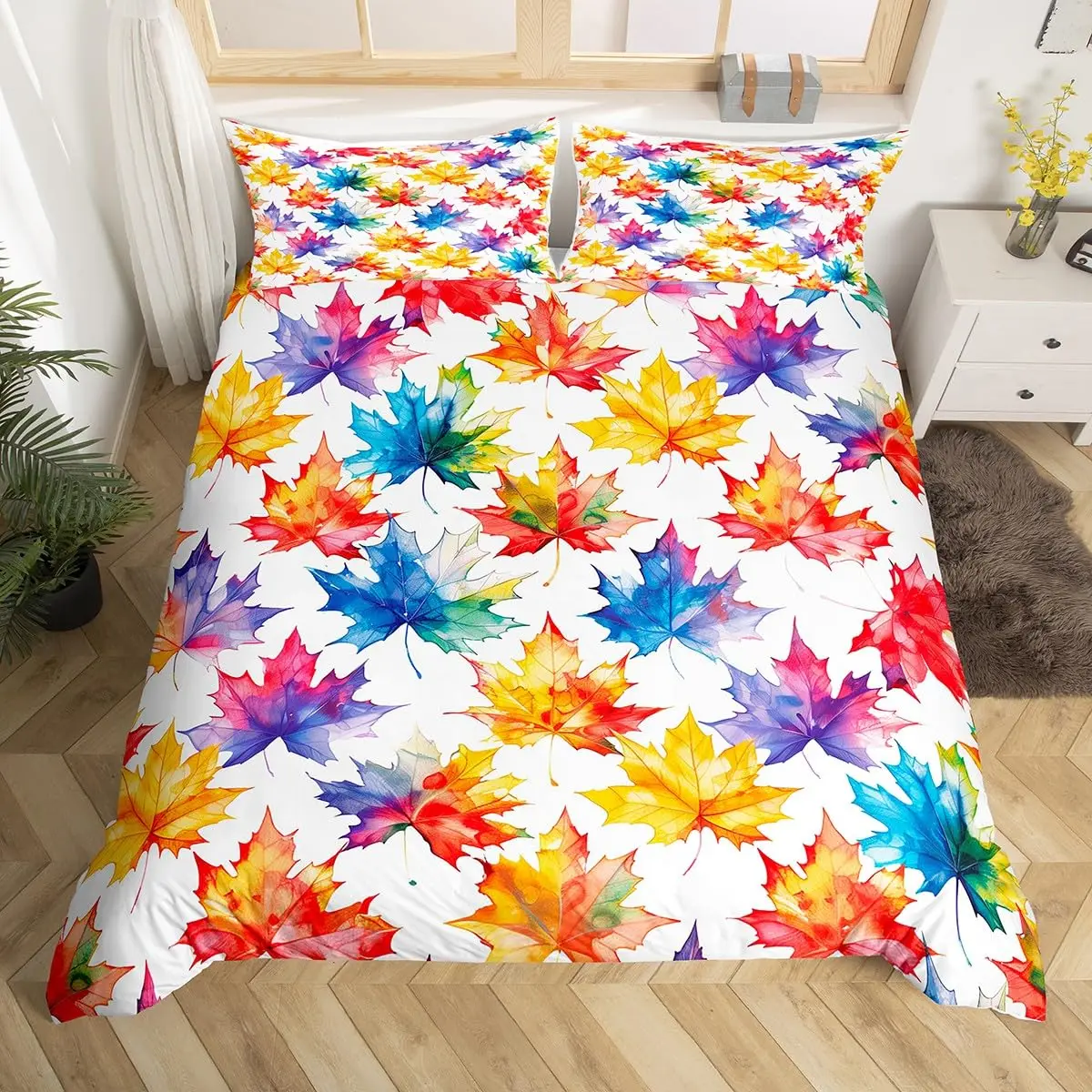 Watercolor Maple Leaves Duvet Cover Queen Full Botanical Rustic Style Bedding Set Fall Plants Comforter Cover Autumn Quilt Cover