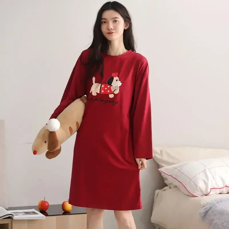 

Осень 2024, ночные рубашки из 100% хлопка с длинными рукавами для женщин, корейская милая одежда для сна с героями мультфильмов, ночное платье, ночная рубашка, женская домашняя ночная рубашка