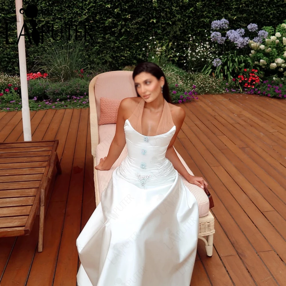 Halter Neck Scoo Neck Bridal Wedding Dress Satin Tea Length A line Bride Gown Crystal Bead Ruch Waist Fit Elegant Evening Dress