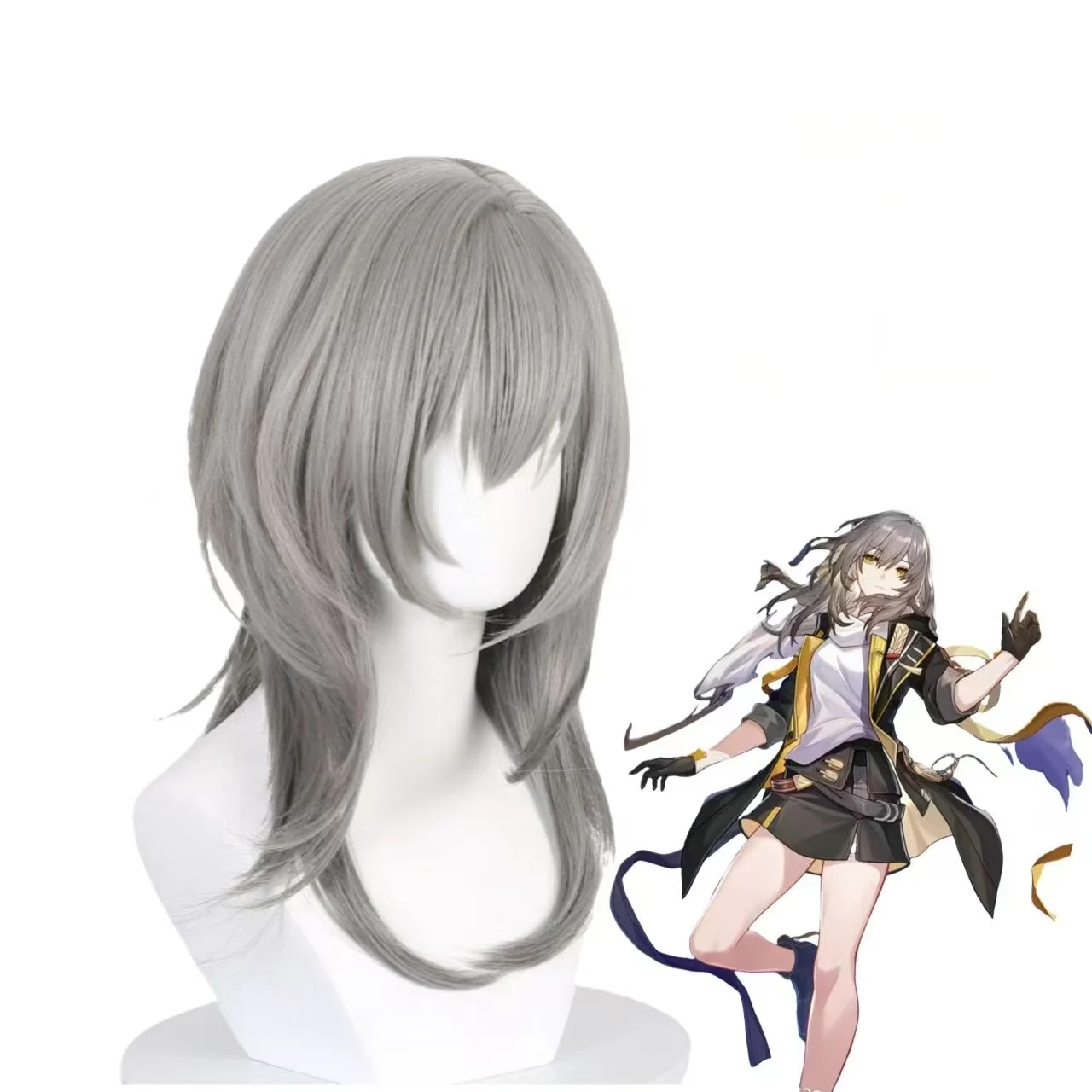 Honkai Star Rail Stelle Cosplay Wig Female Trailblazer Gray Medium Length Layered Synthetic Hair Wig For Game Cos Halloween