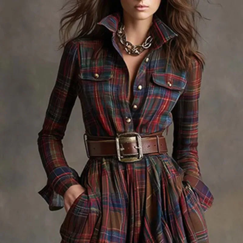 Abiti lunghi con spacco con stampa scozzese retrò francese Donna Elegante abito lungo con bottoni con colletto rovesciato Abito Boho con tasca a maniche lunghe autunnale