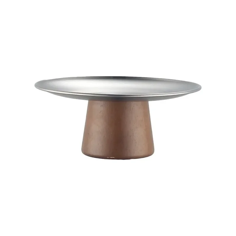 Stainless Steel Tall Fruit Plate Dessert Plate Snack Nut Storage Tray Wooden Base Living Room Candy Plate Home Table Decoration