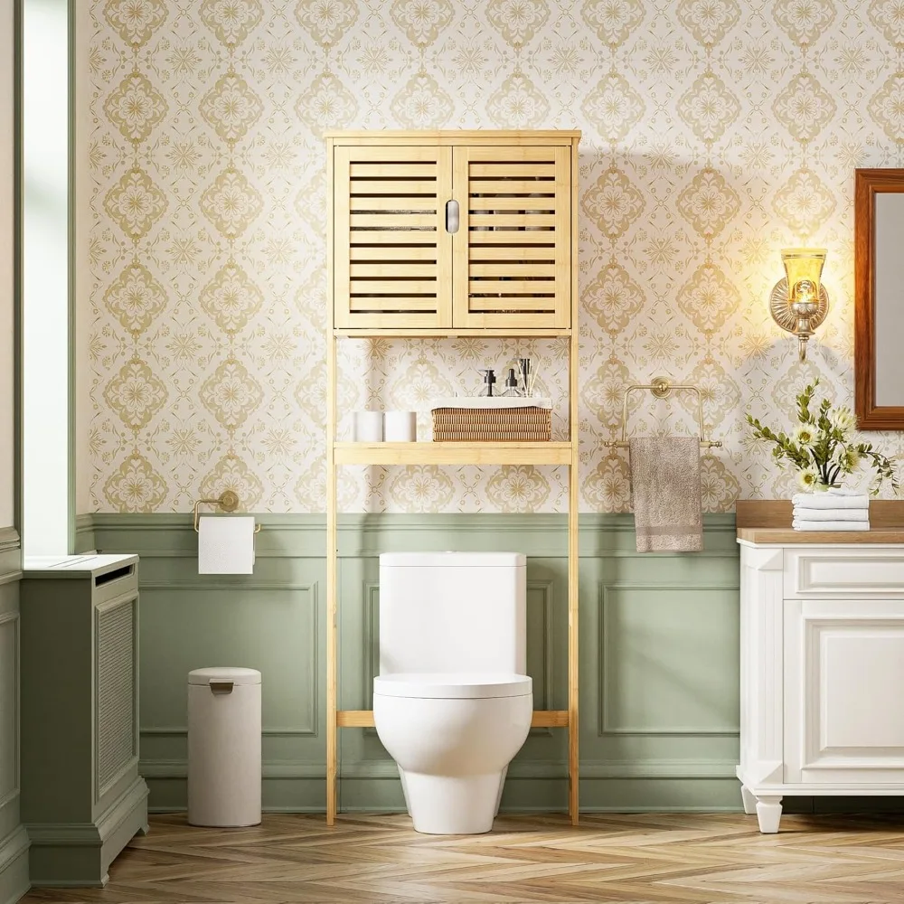 

The Toilet Storage Cabinet, 2 Door Bamboo Cabinet Organizer, Freestanding Space Saver Toilet Rack with Adjustable Inside Shelf