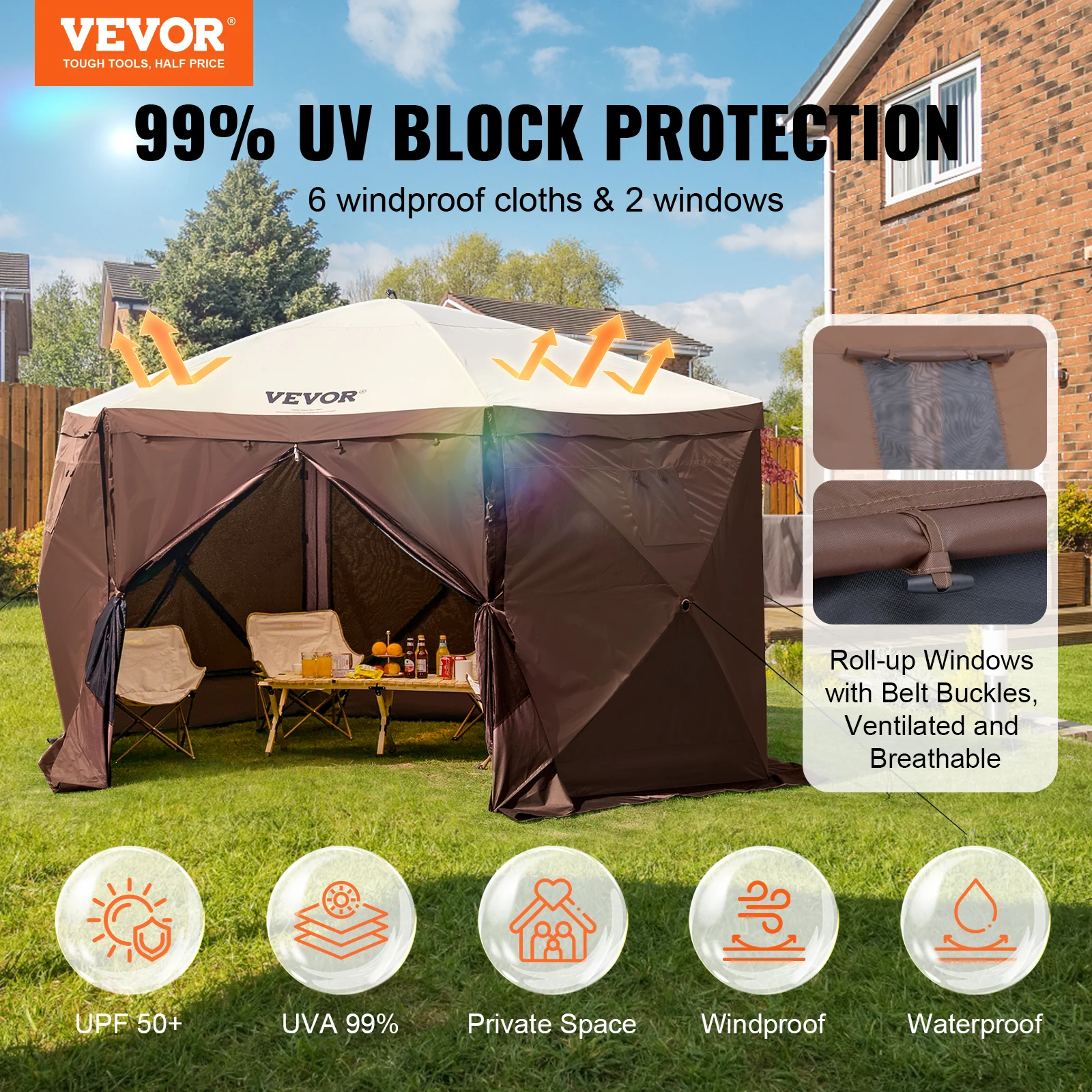 VEVOR Pop Up Gazebo Tent 6 Sided Canopy Sun Shelter 12.5x12.5FT Pop-Up Tent w/6 Removable Privacy Wind Cloths&Mosquito Netting