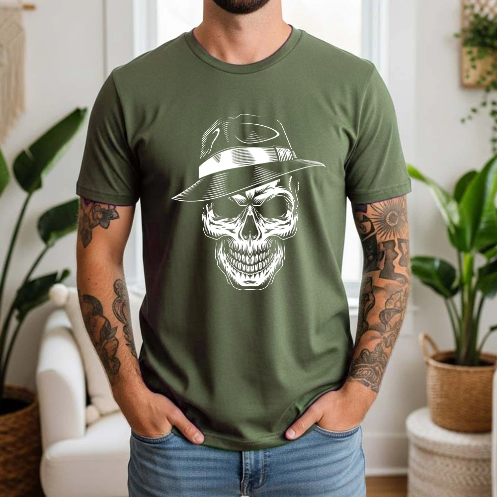 New Summer Men's 100% Cotton T-Shirt Western Skull Line Drawing Grunge Style Casual Breathable Short Sleeve