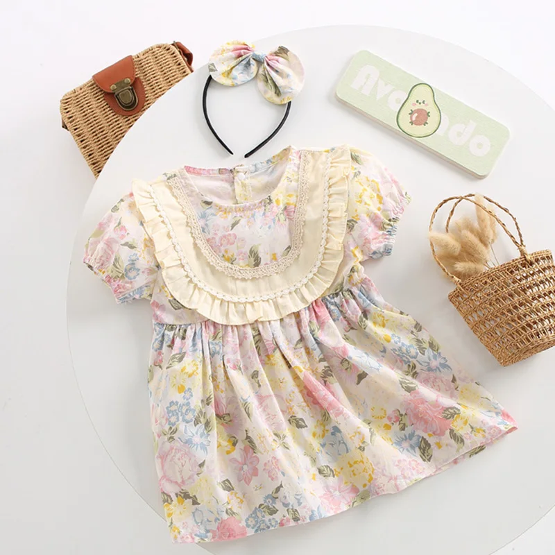 2024 New Summer Baby Girl Party Dress Short Sleeved Cotton Flower Print Kids Princess Dresses Baby Romper Sister Clothing