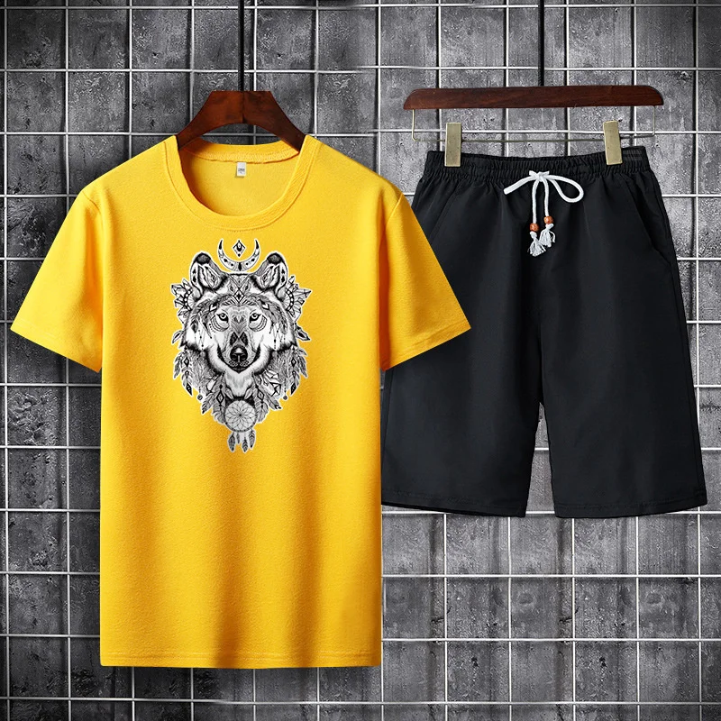 2022 Fashion Men's Sets Summer Tracksuit Men Print Wolf T Shirts + Sport Shorts Suit Men Casual Men Clothing Mens Joggers Sets