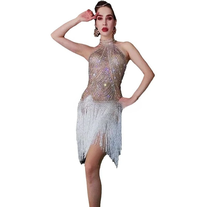 

Neck Rhinestone Tassel Exquisite Versatile Latin Dance Competition Clothes Singer Singing Clothes Miss Universe Chooses Vestidos
