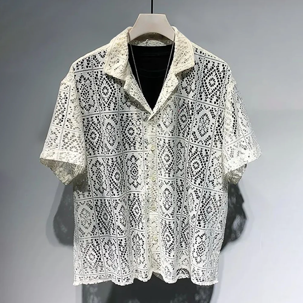 Mens See-Through Hollow Short-Sleeve Casual Shirt 2024 New Genderless Fashion Individuality Retro Sexy Lace Loose Shirt Unisex