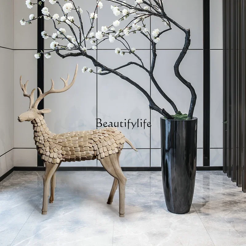 Hotel lobby Fulu large wood carving artwork creative decoration floor sculpture ornament
