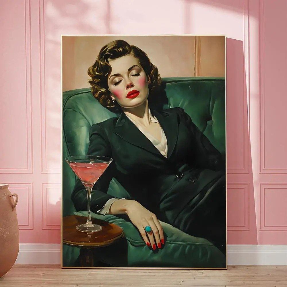 Woman on Couch HD Wall Art Poster Martini Cocktail Illustration Soft Oil Painting Bar Decor Bedroom Living Room Gift