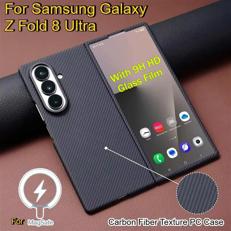 Business Carbon Fibre Texture Hard PC Magnetic Cases for Samsung Galaxy Z Fold 8 Ultra 7 6 5 9H HD Screen Film for Magsafe Cover