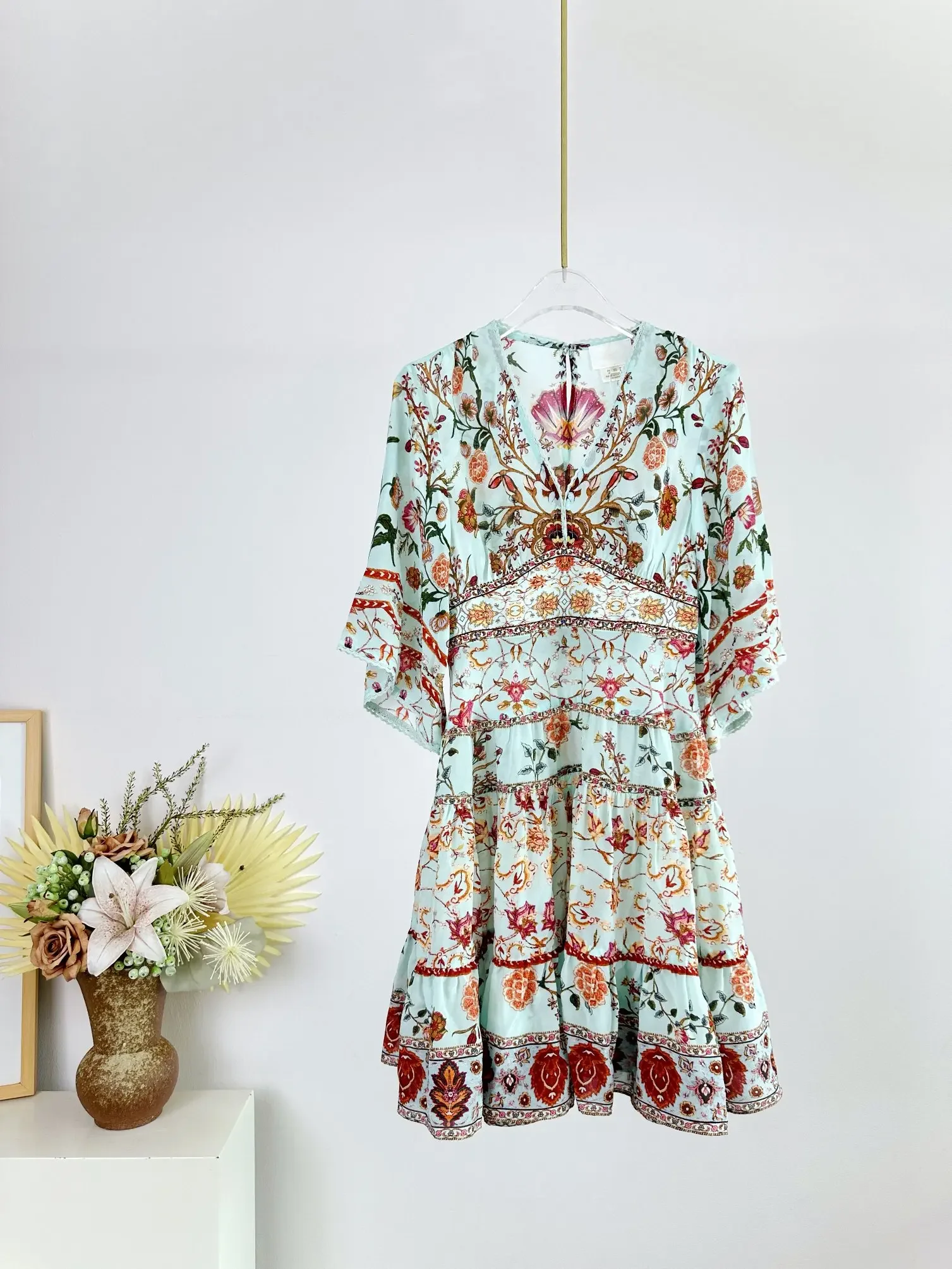 Women Flower Printed Dress Summer 100% Silk Lace Spliced V-Neck Half Sleeve Casual Ladies Mini Robe