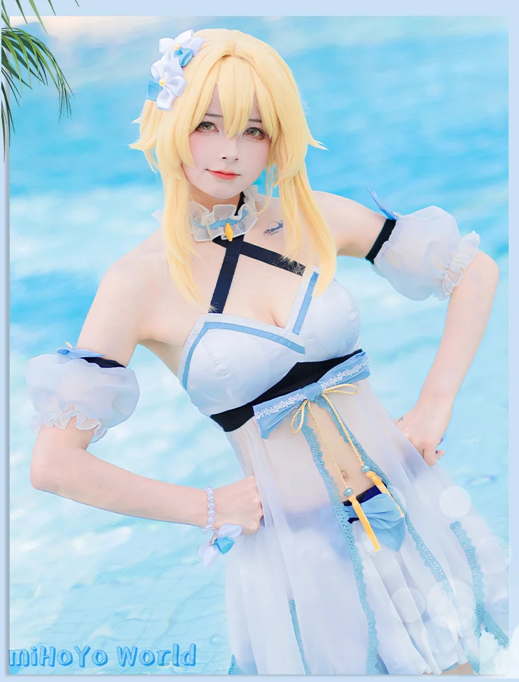 

Game Genshin Impact Traveler Lumine Swimsuit Cosplay Dress Lumine Doujin Summer Beach Swimwear Costume Swimming Birthday Gifts